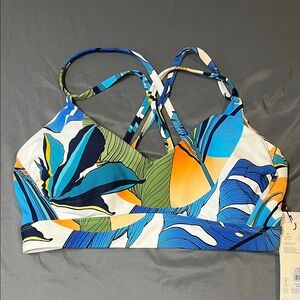 CALIA by Carrie Underwood Blue White Green Orange Tropical Print Swim Top